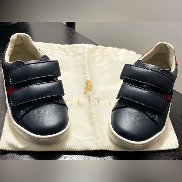 GUCCI ACE LEATHER NAVY BLUE SNEAKER TODDLER SIZE 23 (US SZ 7) UNISEX w POUCH - Picture 3 of 15